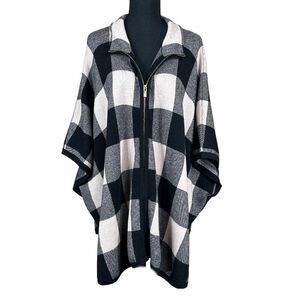 Jones New York Black Cream Checked Full Zip Dolman Sleeve Poncho Plus Size 0X/1X